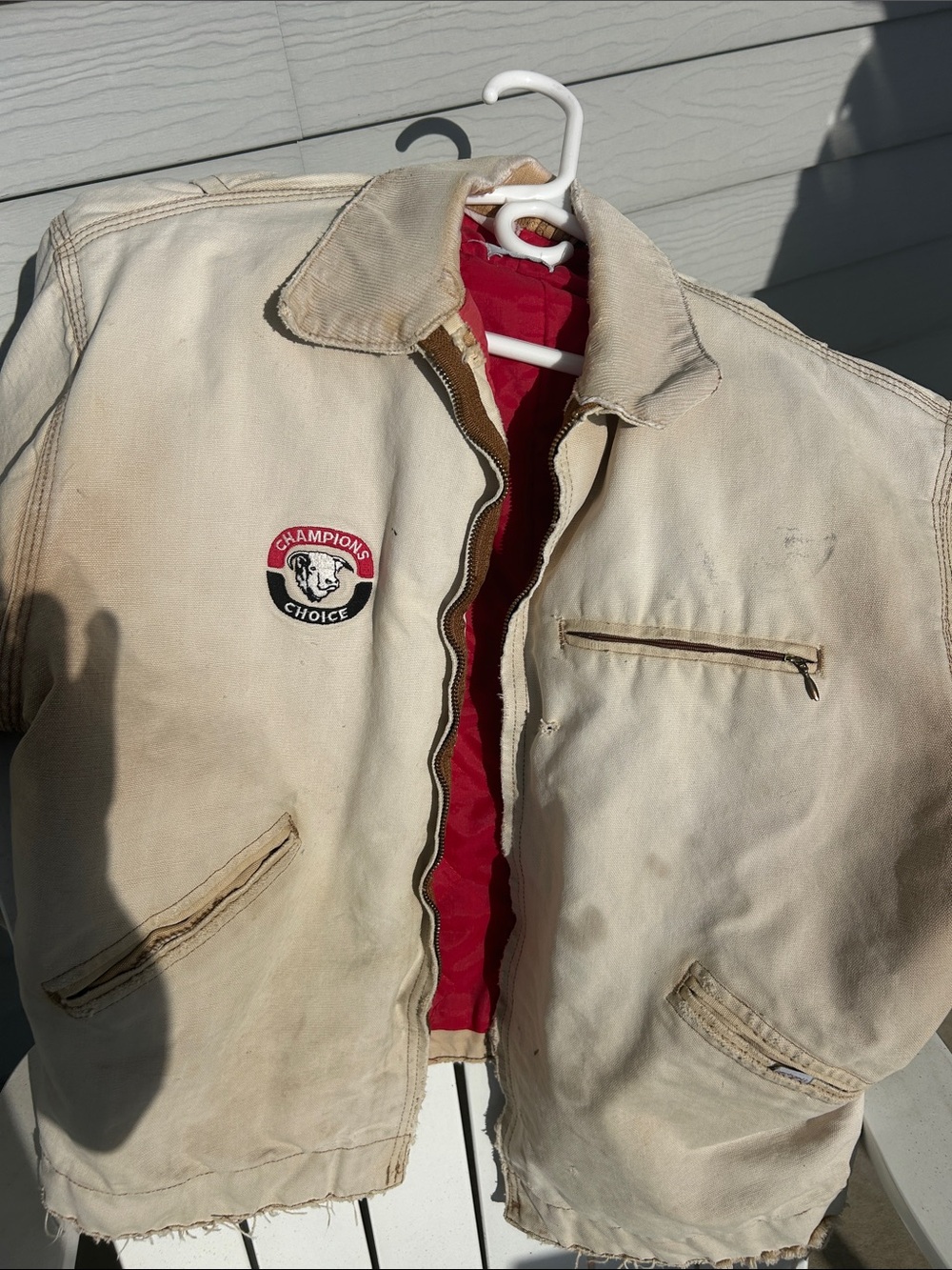 Carhartt Beige Canvas Bomber Jacket with Red Quilted Lining